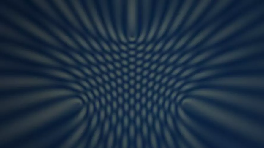 Abstract interference pattern from three wave sources in gold and blue